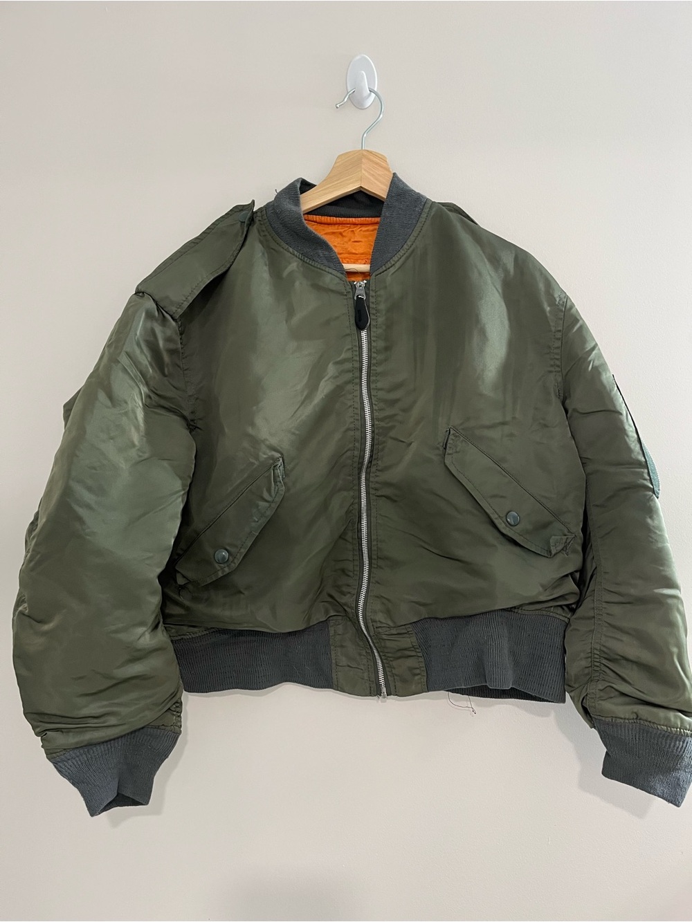 Men's Olive Green Bomber Jacket with Orange Lining